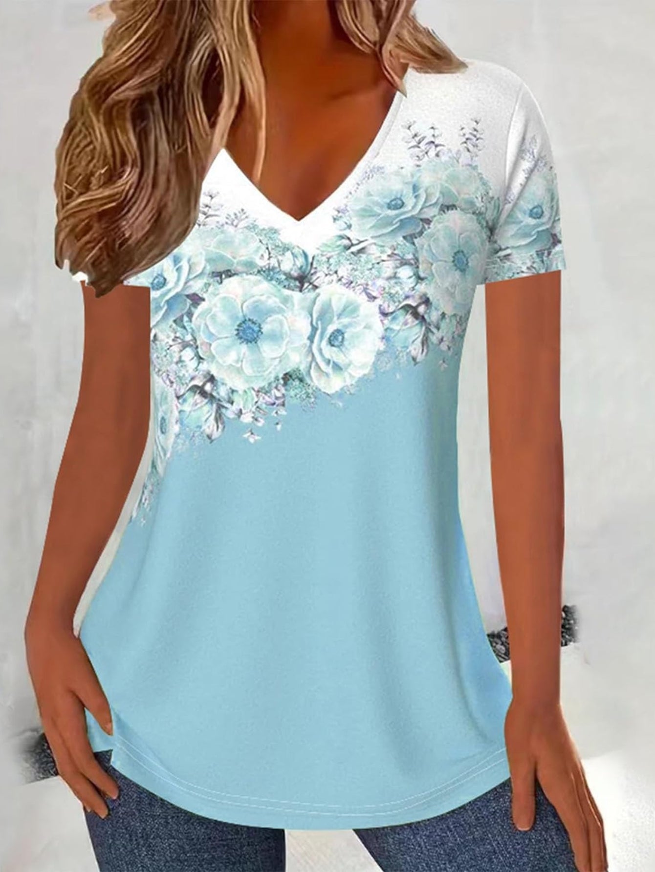 V Neck Short Sleeve Cute Print Graphic Tees