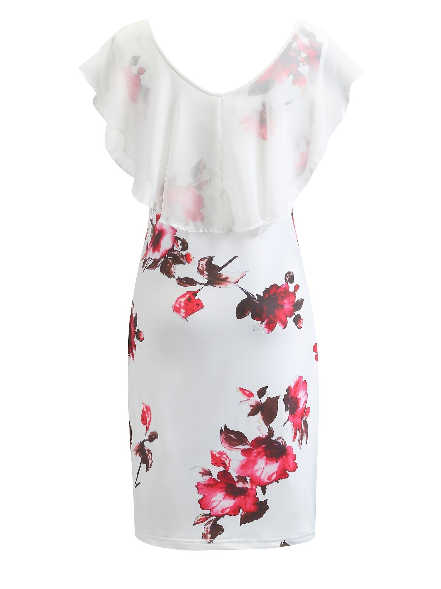 Floral Print Ruffle Trim Dress, Casual Beach Summer Short Sleeve Scoop Neck Bodycon Mini Dress