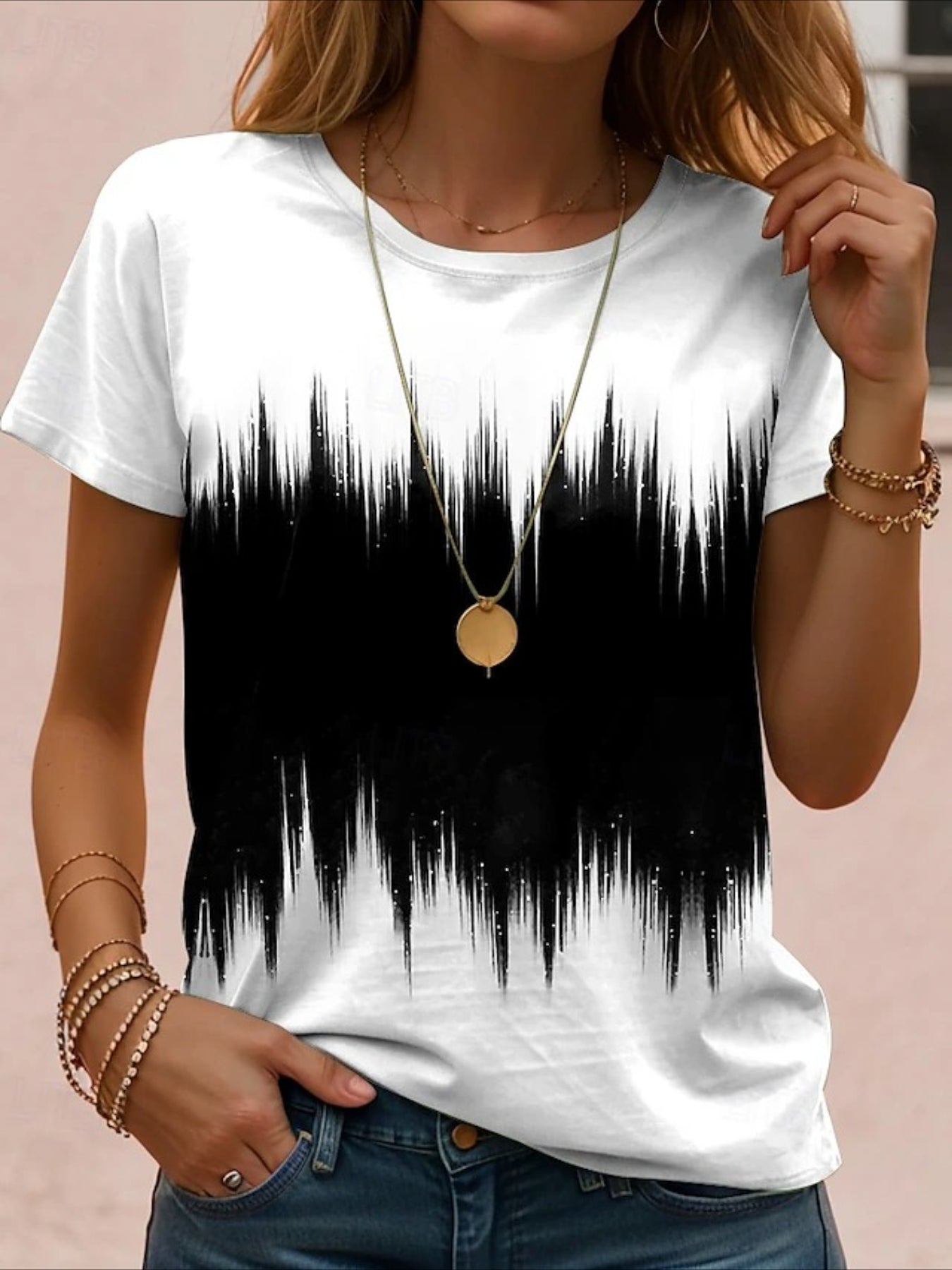 Print Graphic Geometric Striped Vintage Stylish Classic Short Sleeve Crew Neck Regular Tops