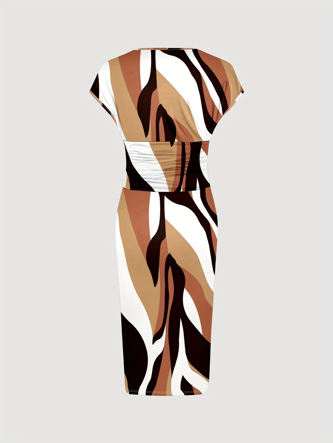 Patchwork Print V Neck Dress, Elegant Short Sleeve Dress
