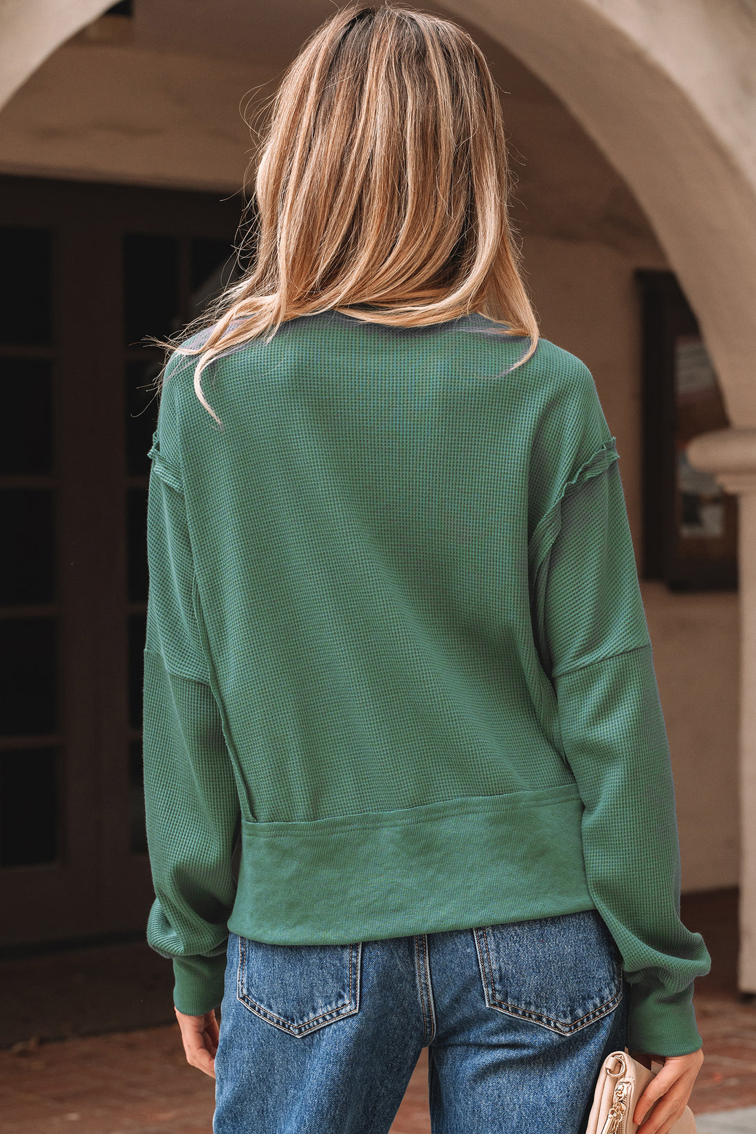 Evergreen Solid Color Raw Seam Patchwork Textured Drop Shoulder Sweatshirt