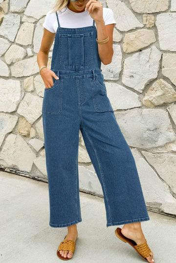 Dusk Blue Adjustable Tie Straps Cropped Wide Leg Denim Overalls