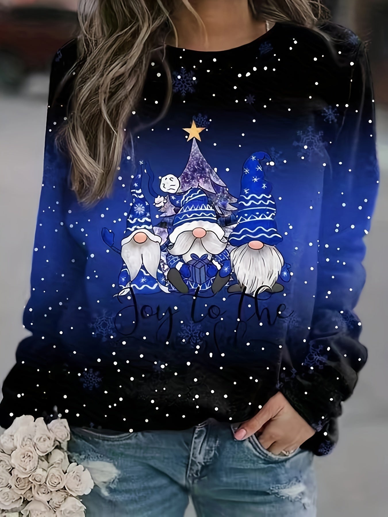 Christmas Top, Women's Christmas Dwarf & Slogan Print Ombre Long Sleeve Round Neck Slight Stretch Top