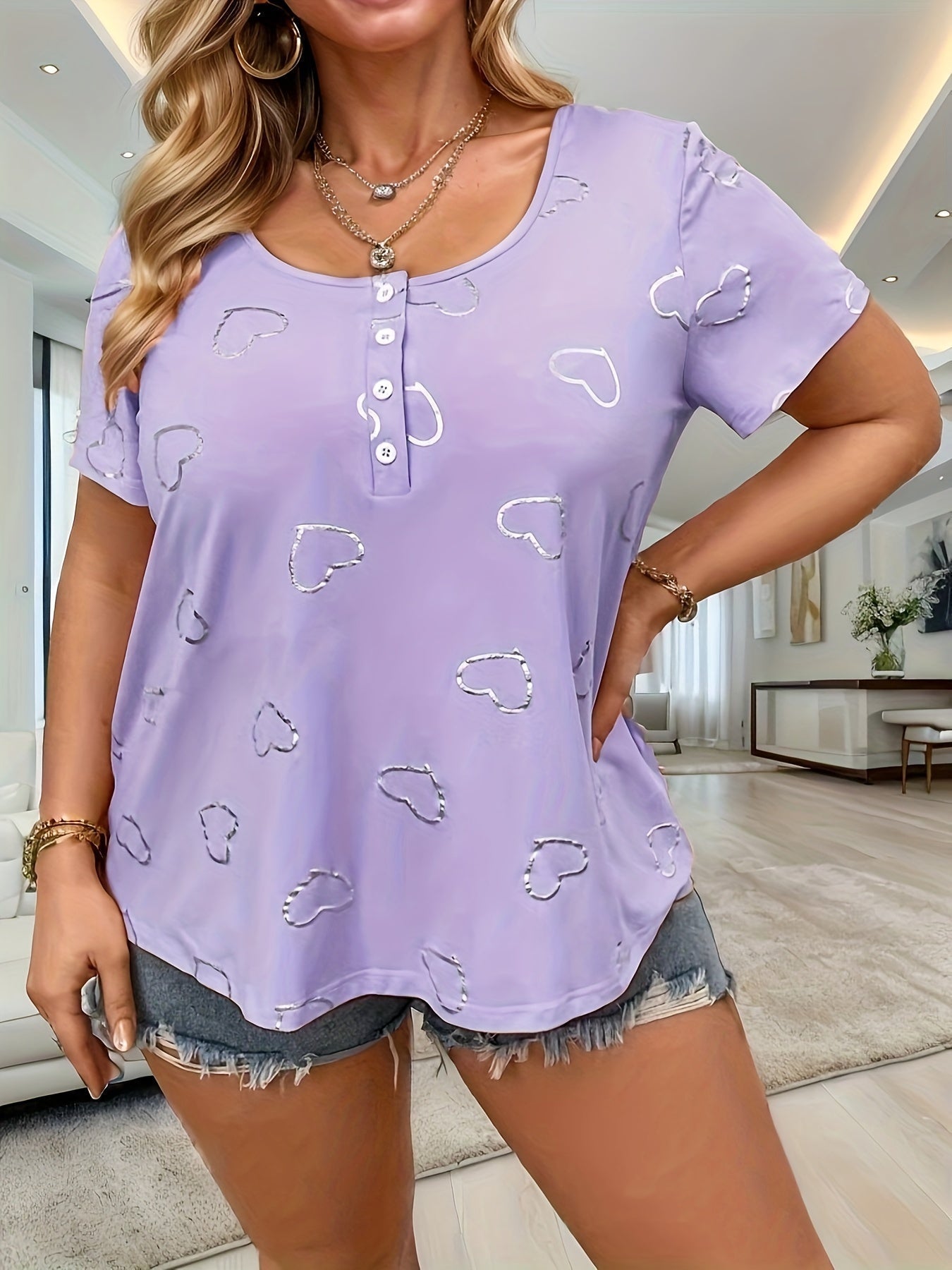 Heart Print Button Front T-shirt, Casual Short Sleeve Round Neck Top