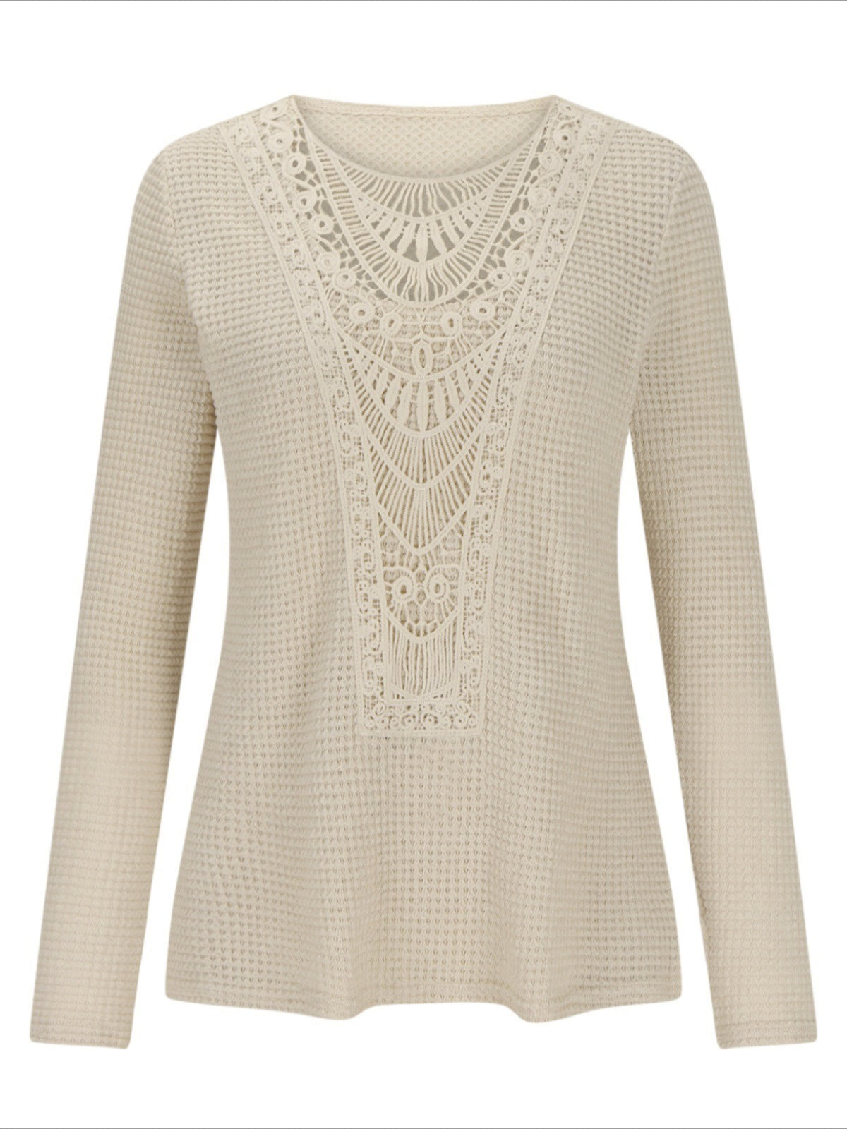 Pineapple Checked Lace Splicing Long Sleeve Solid Color T-shirt