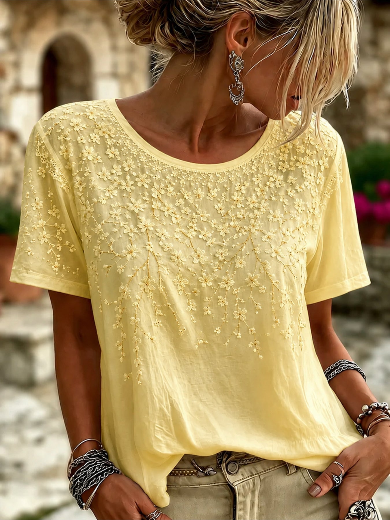 Floral Print Crew Neck Short Sleeve Top