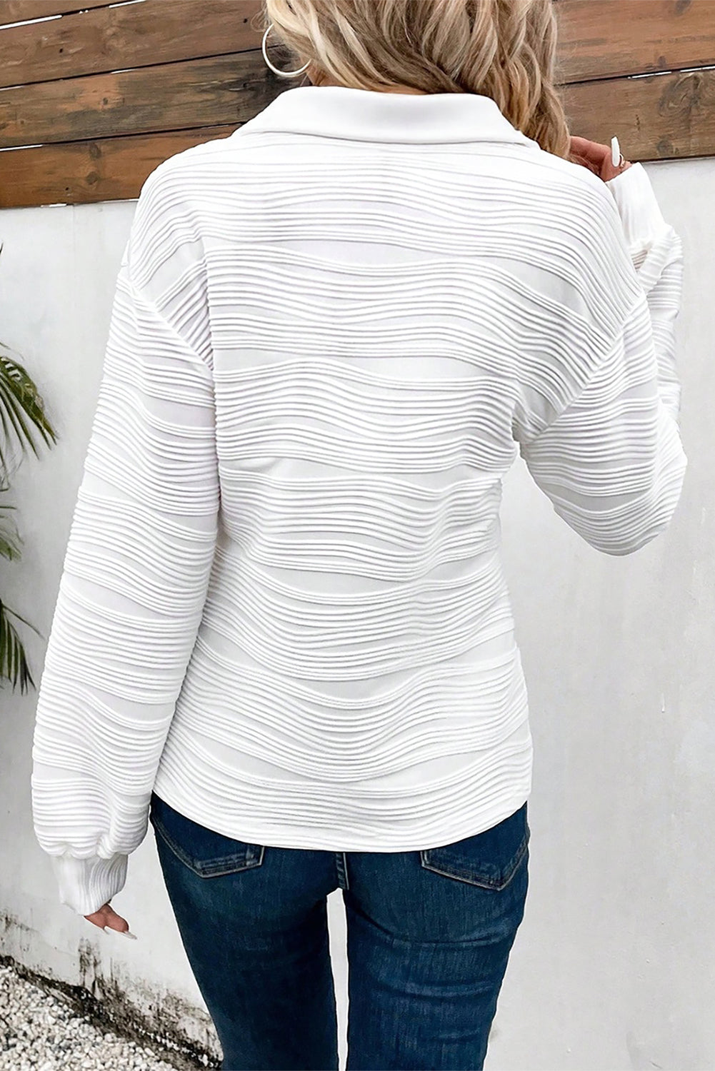 White Solid Color Textured Zip V Neck Pullover Sweatshirt