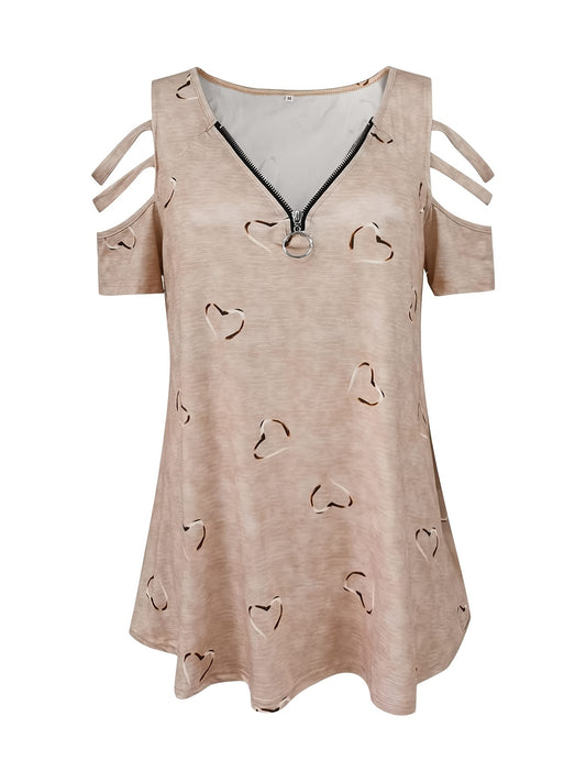 Women's Heart Print Cut Out T-Shirt with Zipper V Neck and Short Sleeves - Casual Everyday Top for Comfort and Style