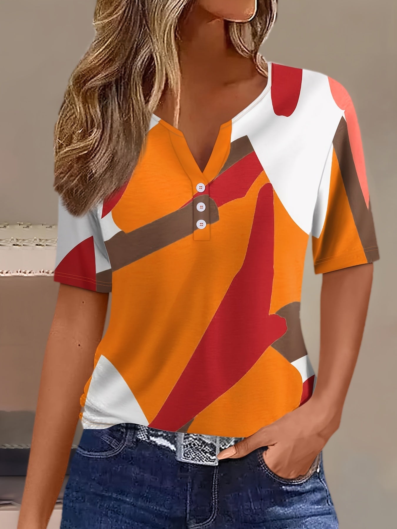 Button Front Vibrant Patchwork Print V-Neck Short Sleeve Casual T-Shirt