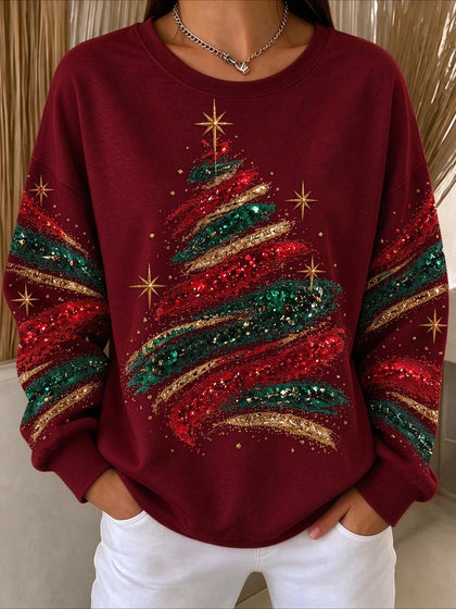 Crew Neck Long Sleeve Vintage Sparkly Christmas Tree Sweatshirt