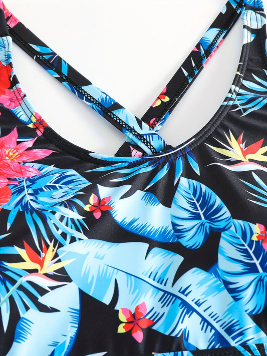 Tropical Print Round Neck Tankini Sets, Drawstring Straps Boxer Short Bottom Two Pieces Swimsuit