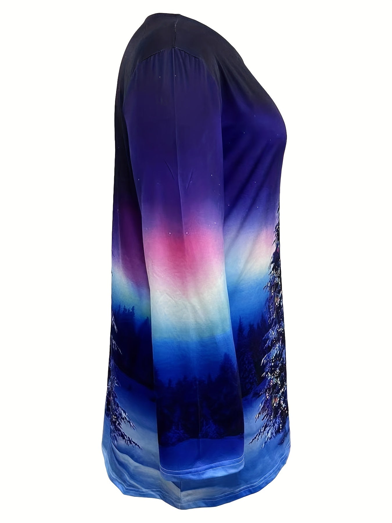 Christmas Casual Top, Women's Tree Print Long Sleeve Round Neck Medium Stretch Tunic Top