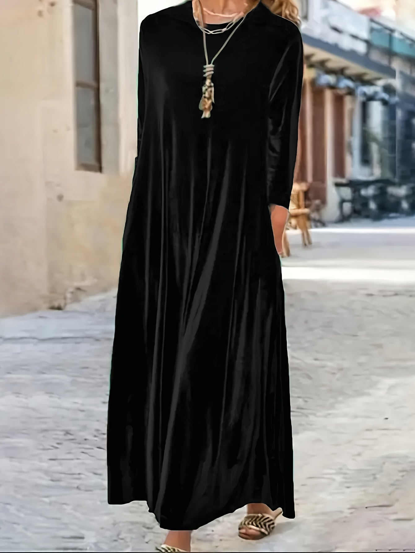 Long Sleeve Vintage Solid Crew Neck Maxi Dress