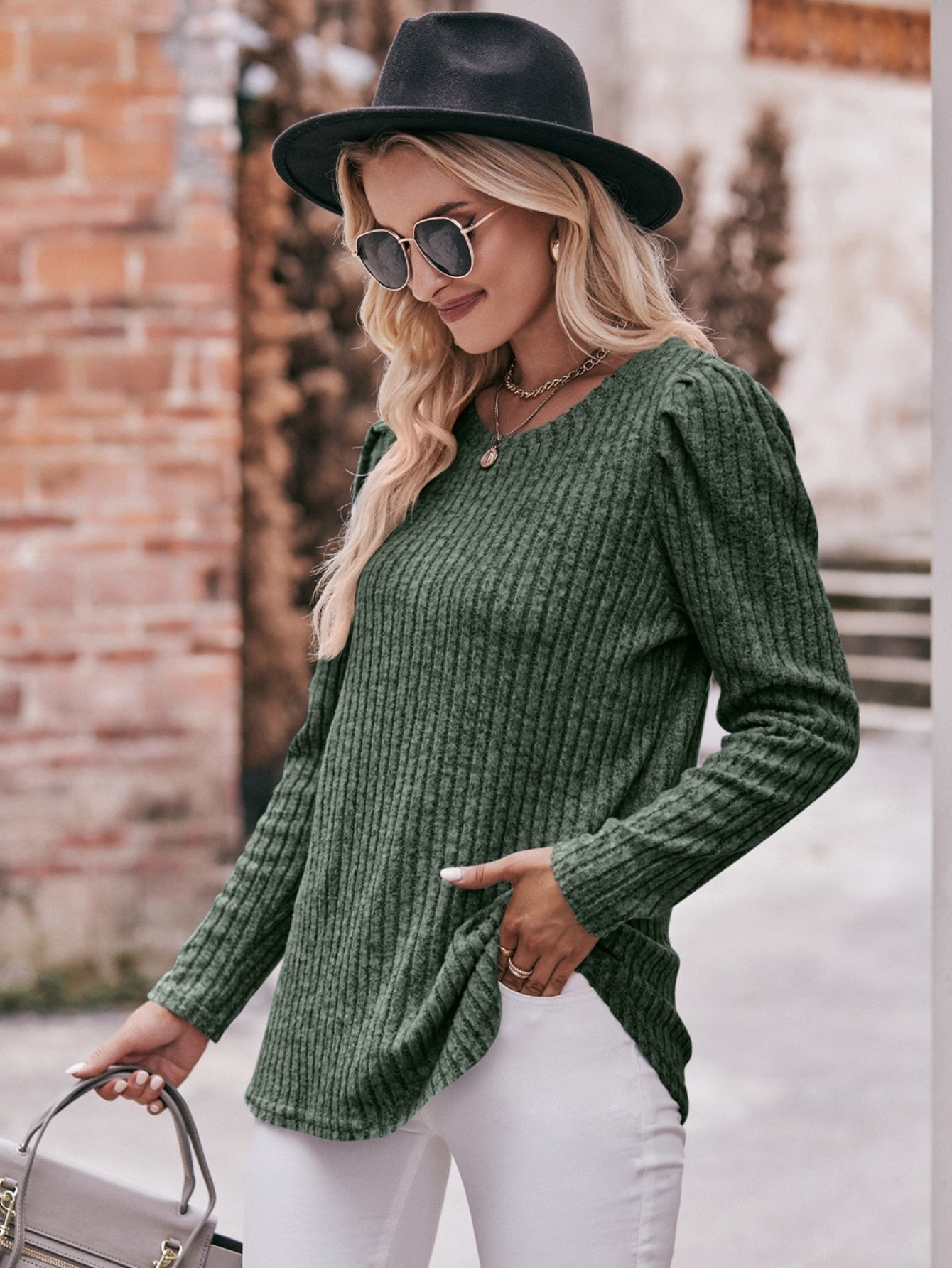 Ribbed Crew Neck T-Shirt, Casual Long Sleeve Top