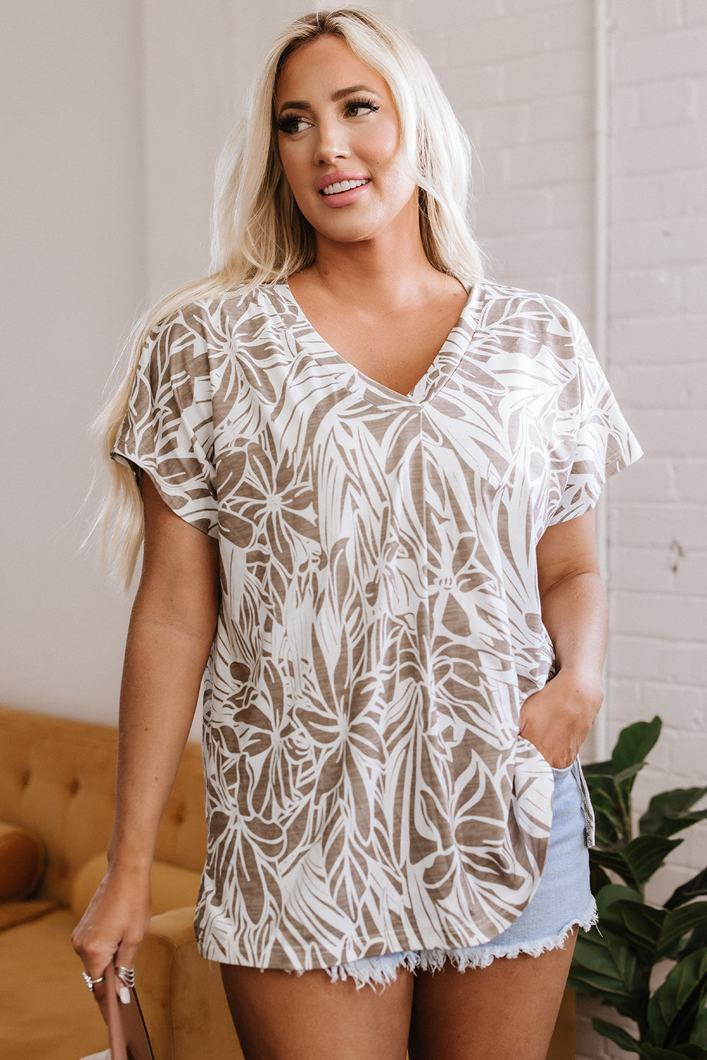 Khaki Floral Print V Neck Short Sleeve Loose Fit Blouse