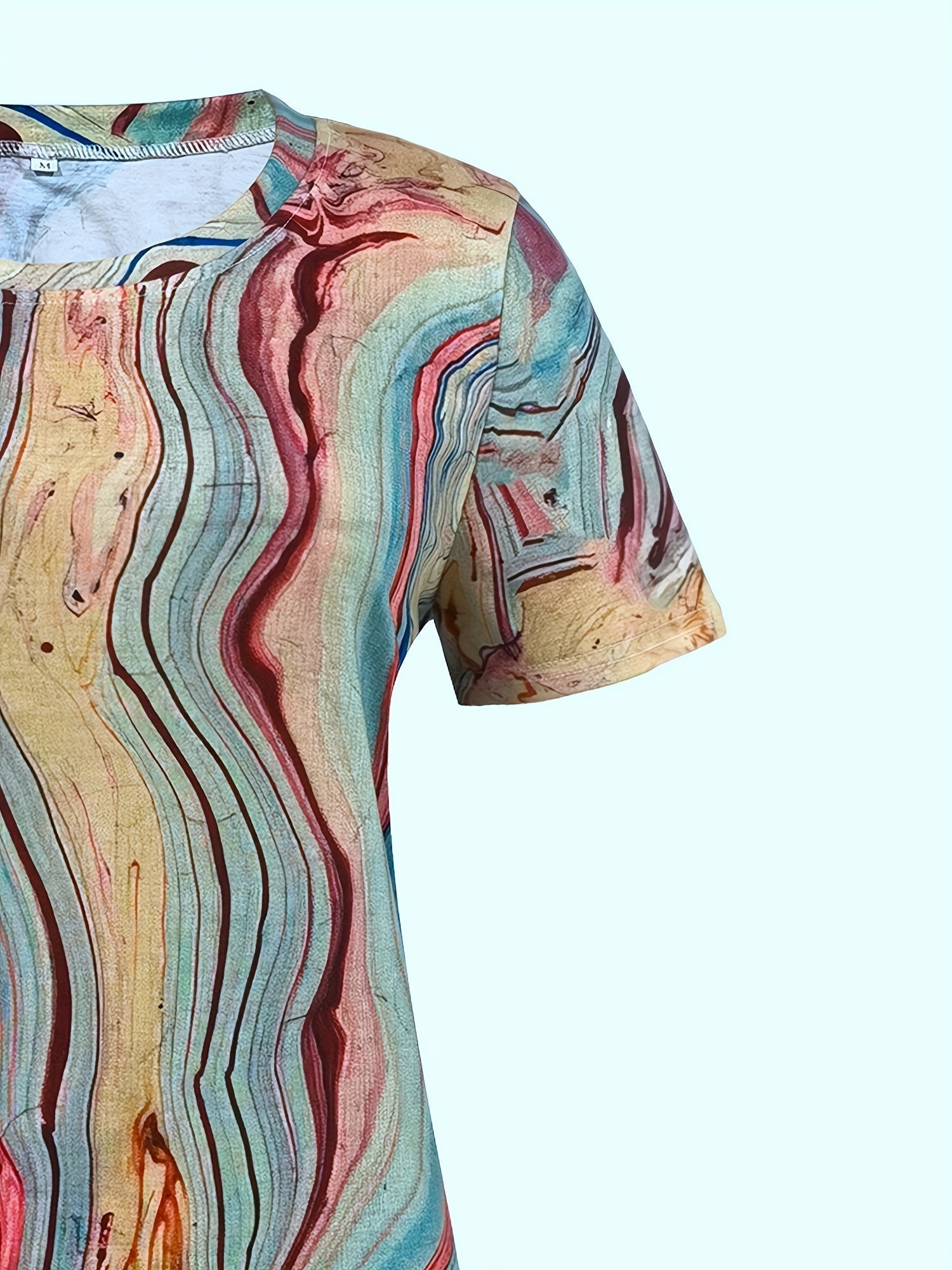 Marble Print Crew Neck T-shirt, Casual Short Sleeve Summer Mid Length T-shirt