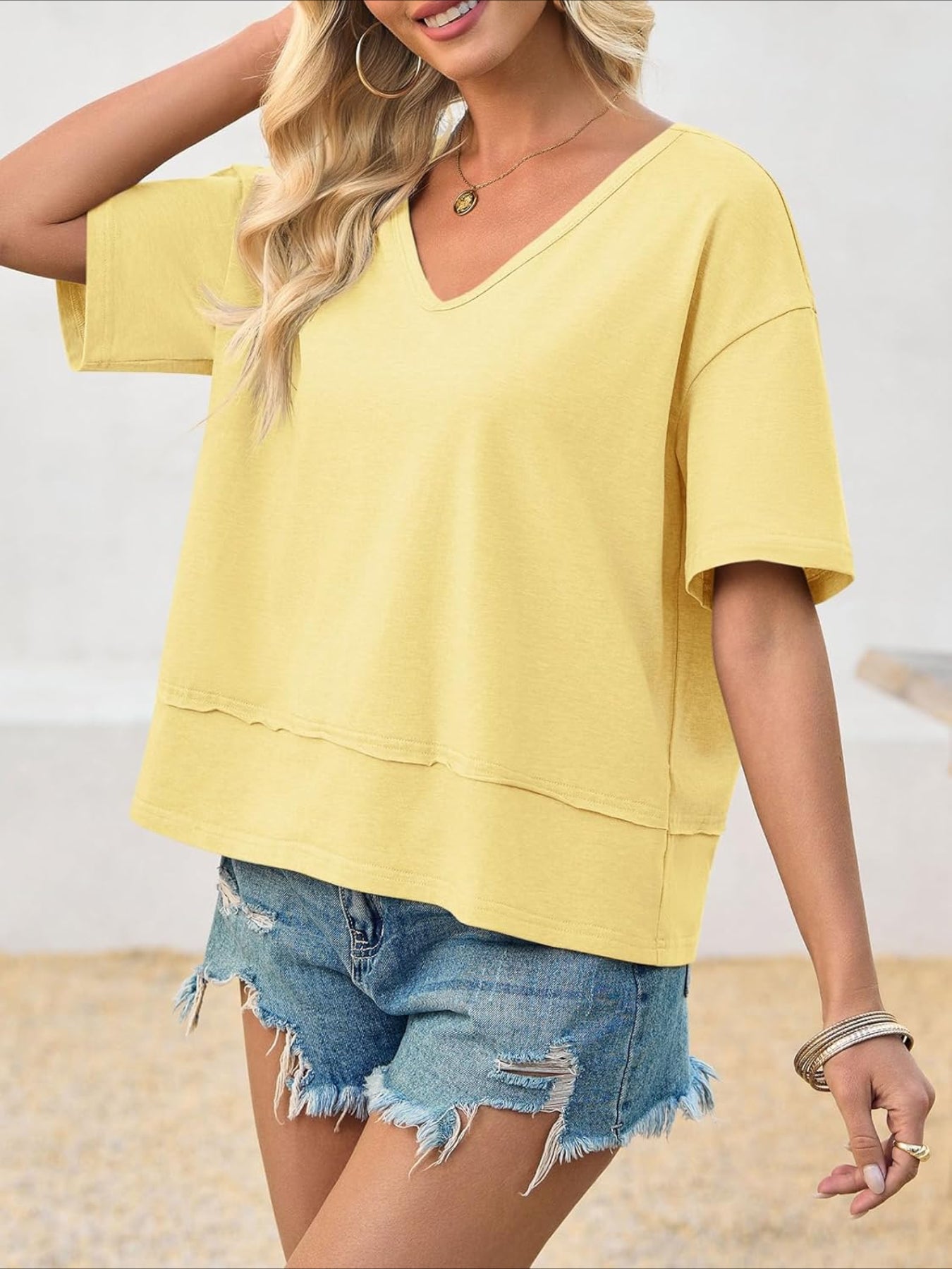 V Neck Casual Short Sleeve Flowy Cute Loose Fit Basic Tees