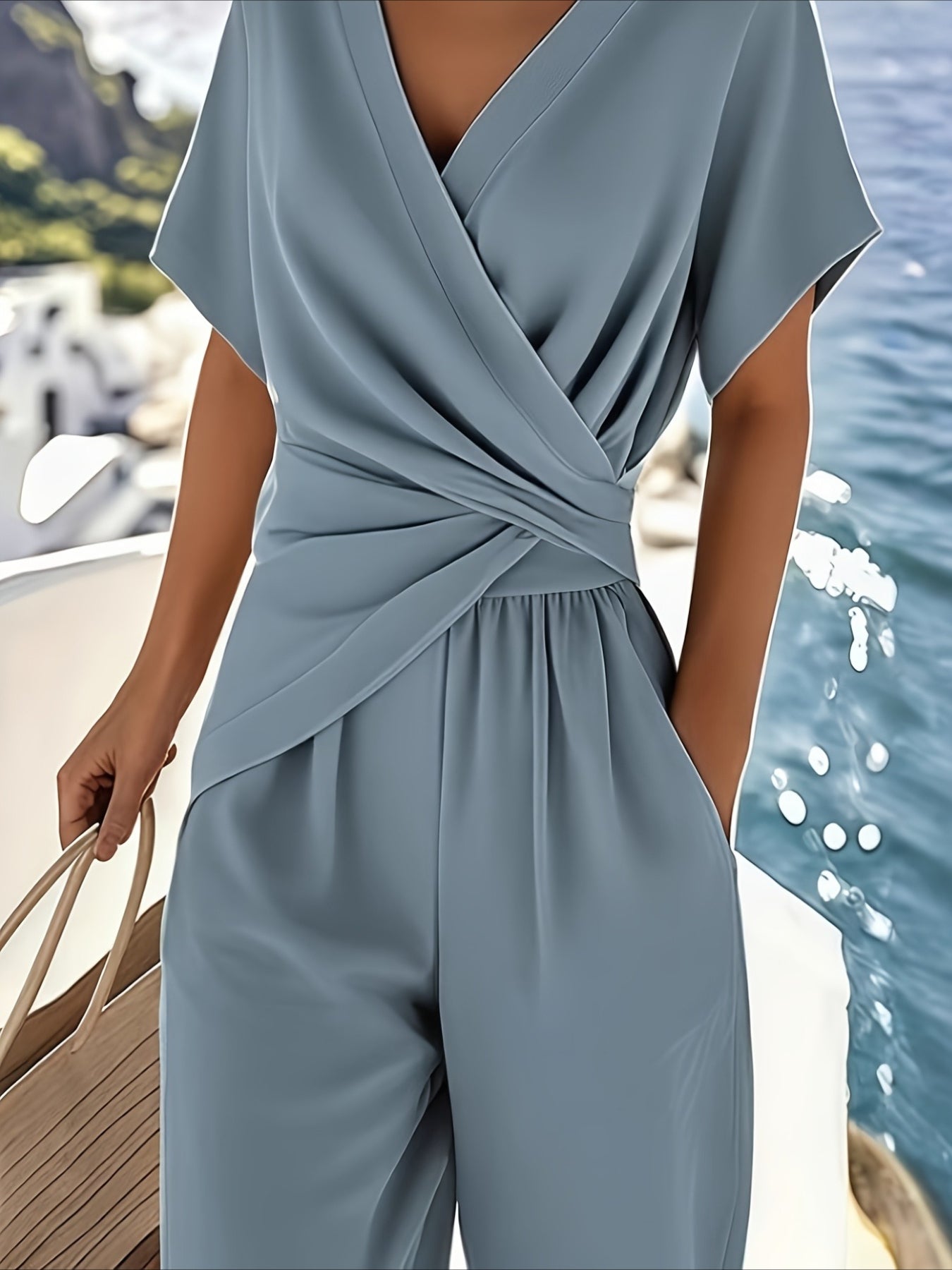 2pcs Stylish Short-Sleeve Front Cross Tie Wide-Leg Pants Set Casual Irregular Top with Pockets Outfit