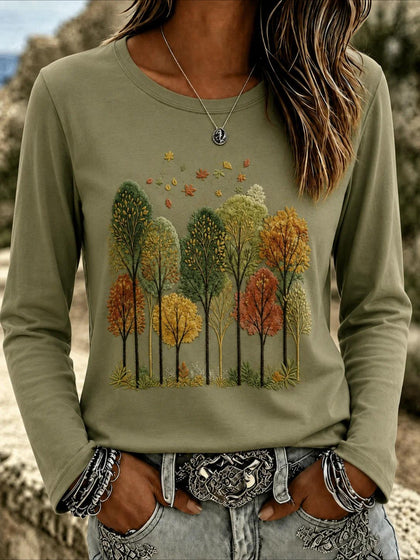 Leaf Printing Jersey Crew Neck Long Sleeve T-shirt