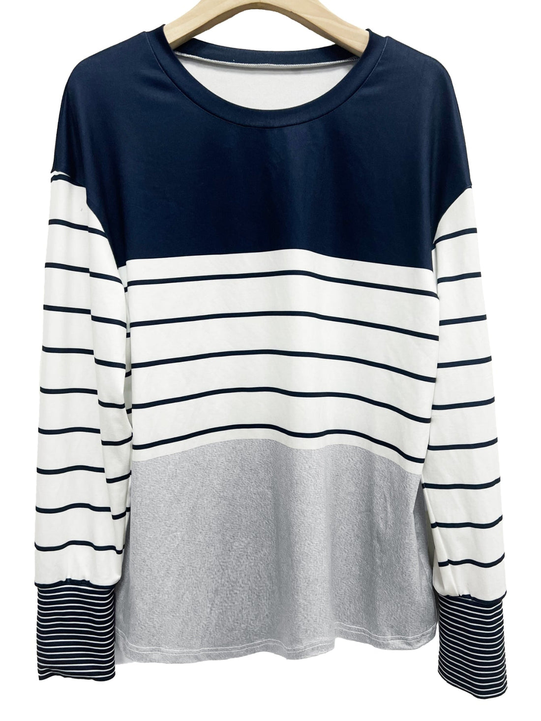Stripe Print Colorblock Crew Neck T-Shirt, Casual Long Sleeve Top