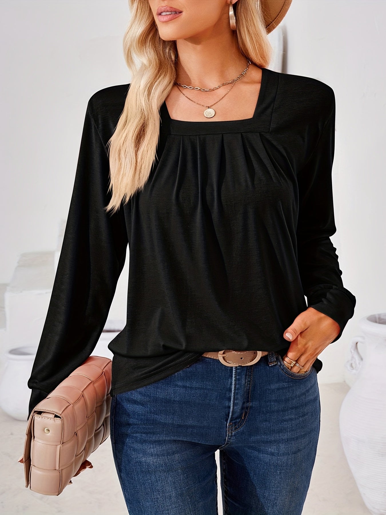 Solid Square Long Sleeve T-Shirt, Casual T-Shirt