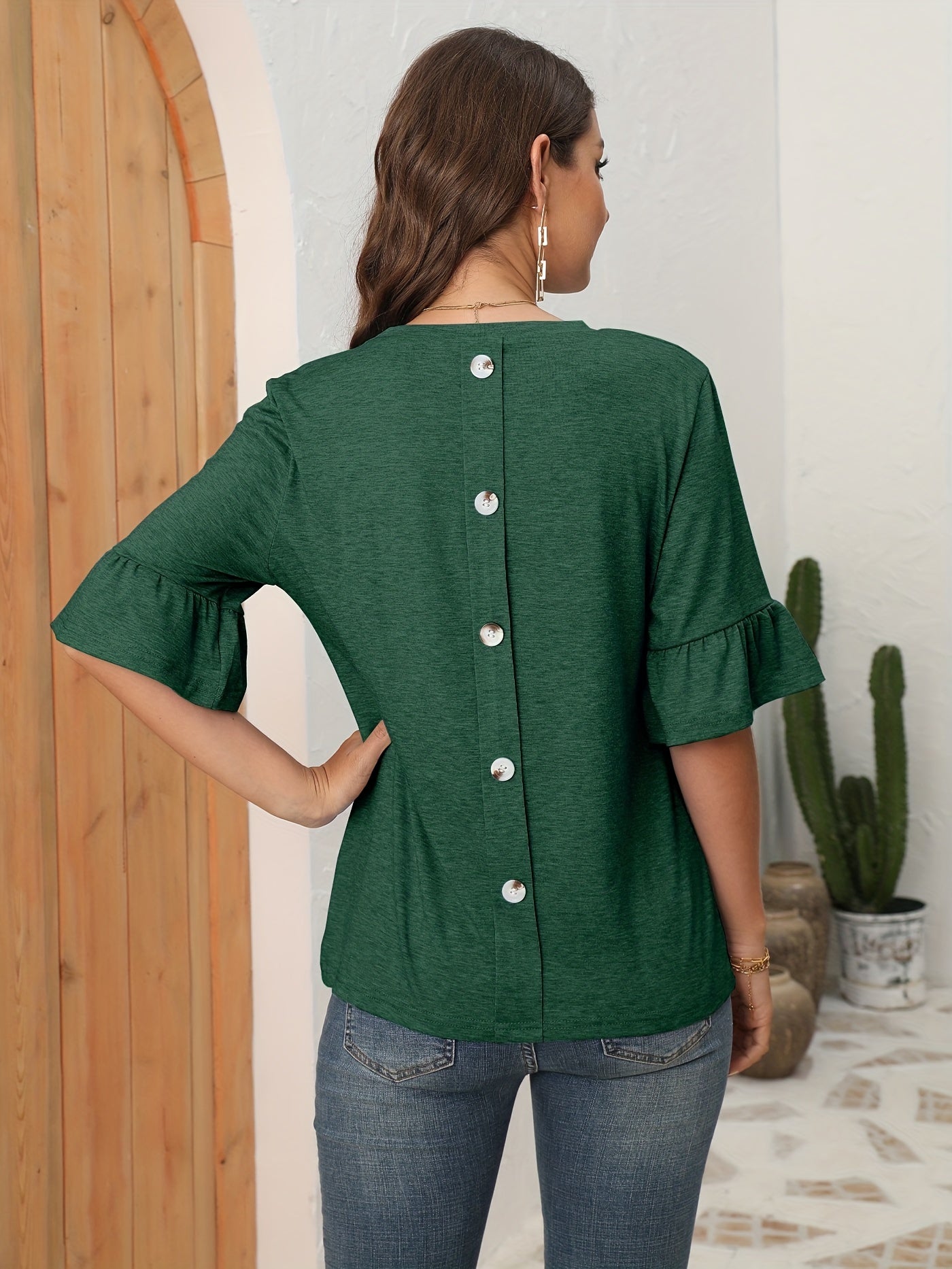 Button Back Solid T-shirt, Casual Crew Neck Half Sleeve T-shirt