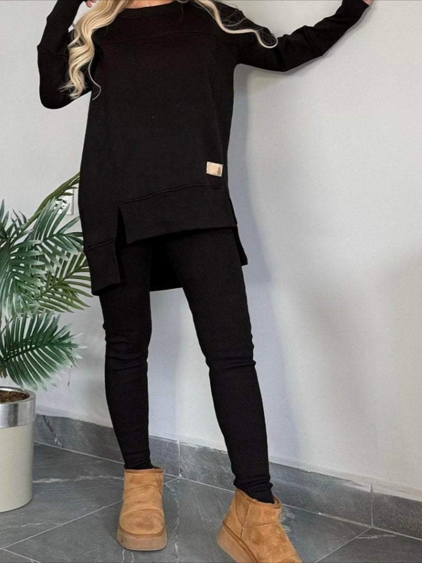Slit Round Neck Top and Pants Set