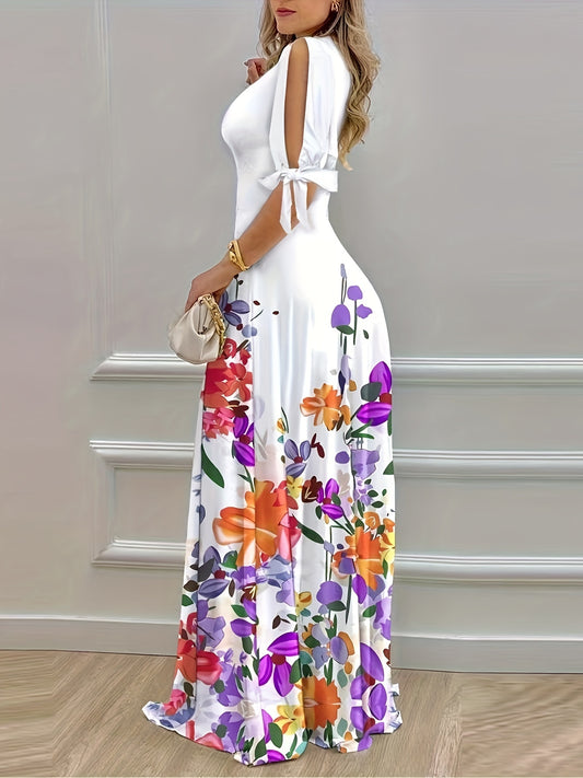 Floral Print V Neck Dress, Casual Split Hem A-line Dress