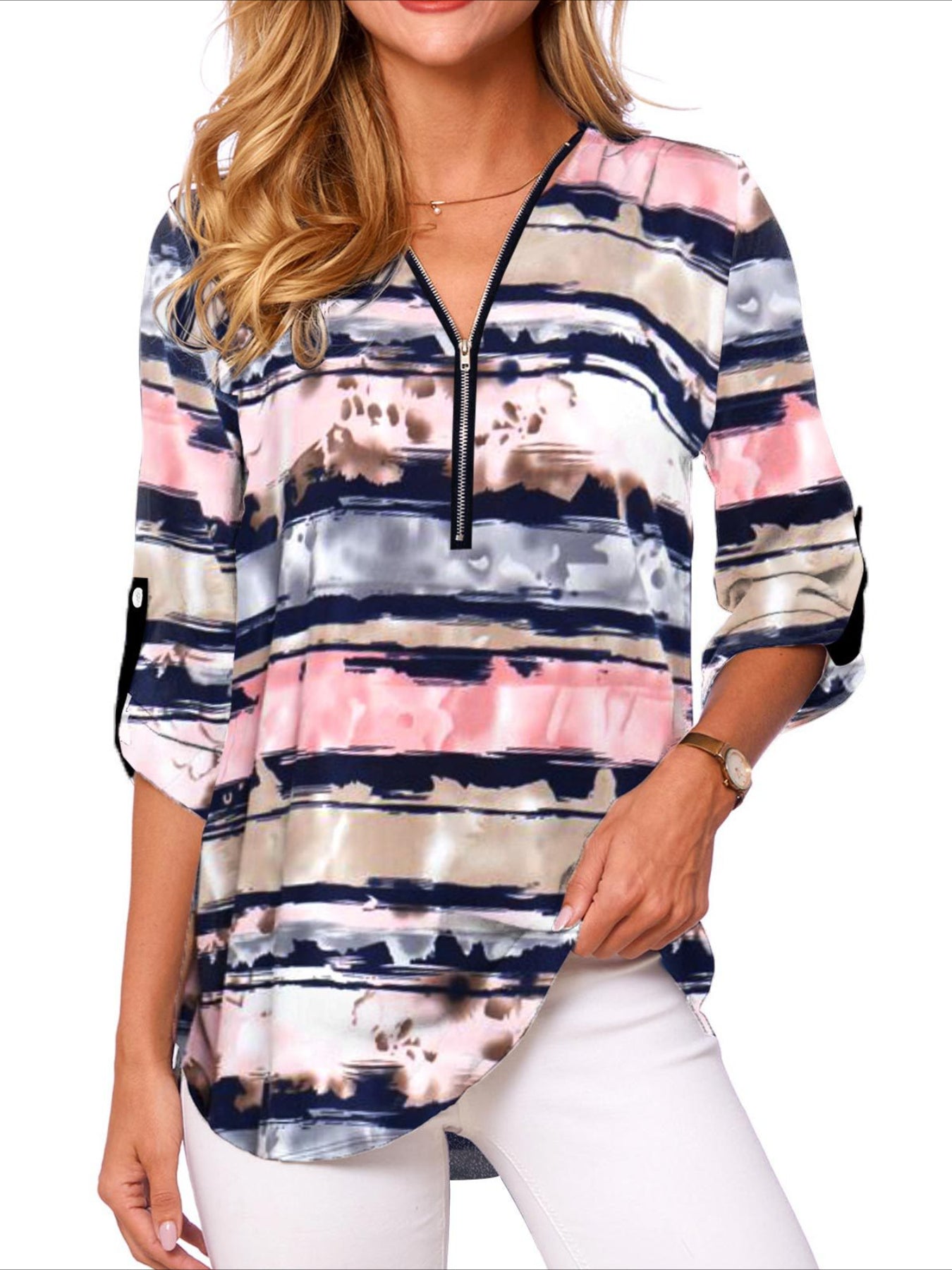 Tie Dye Zipper Blouse, Casual Rollable Sleeve Random Printing Blouse