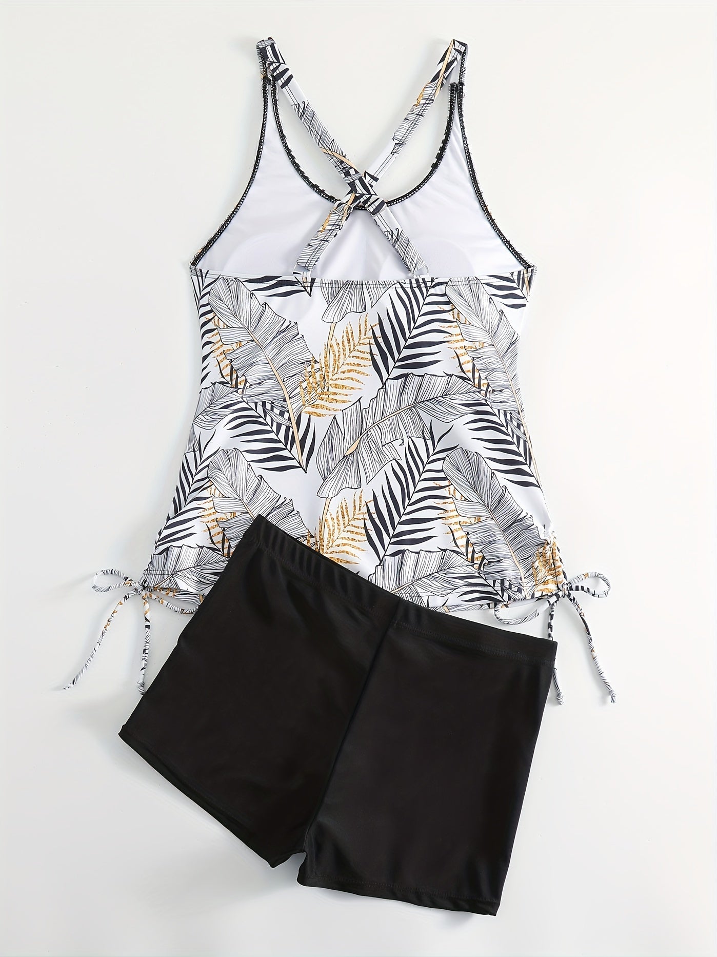 Tropical Print Round Neck Tankini Sets, Drawstring Straps Boxer Short Bottom Two Pieces Swimsuit