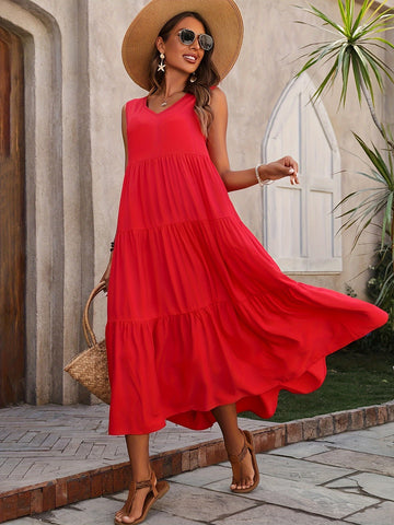 Loose V Neck Ruffle Hem Dress, Casual Sleeveless Dress