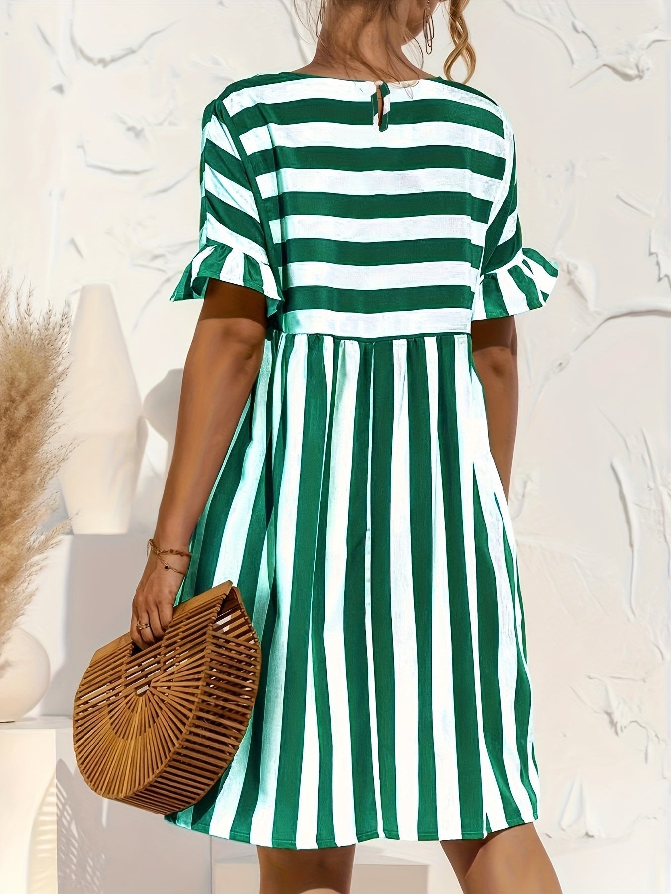 Short Sleeve Beach Dress, Crew Neck Vacation Casual Dress