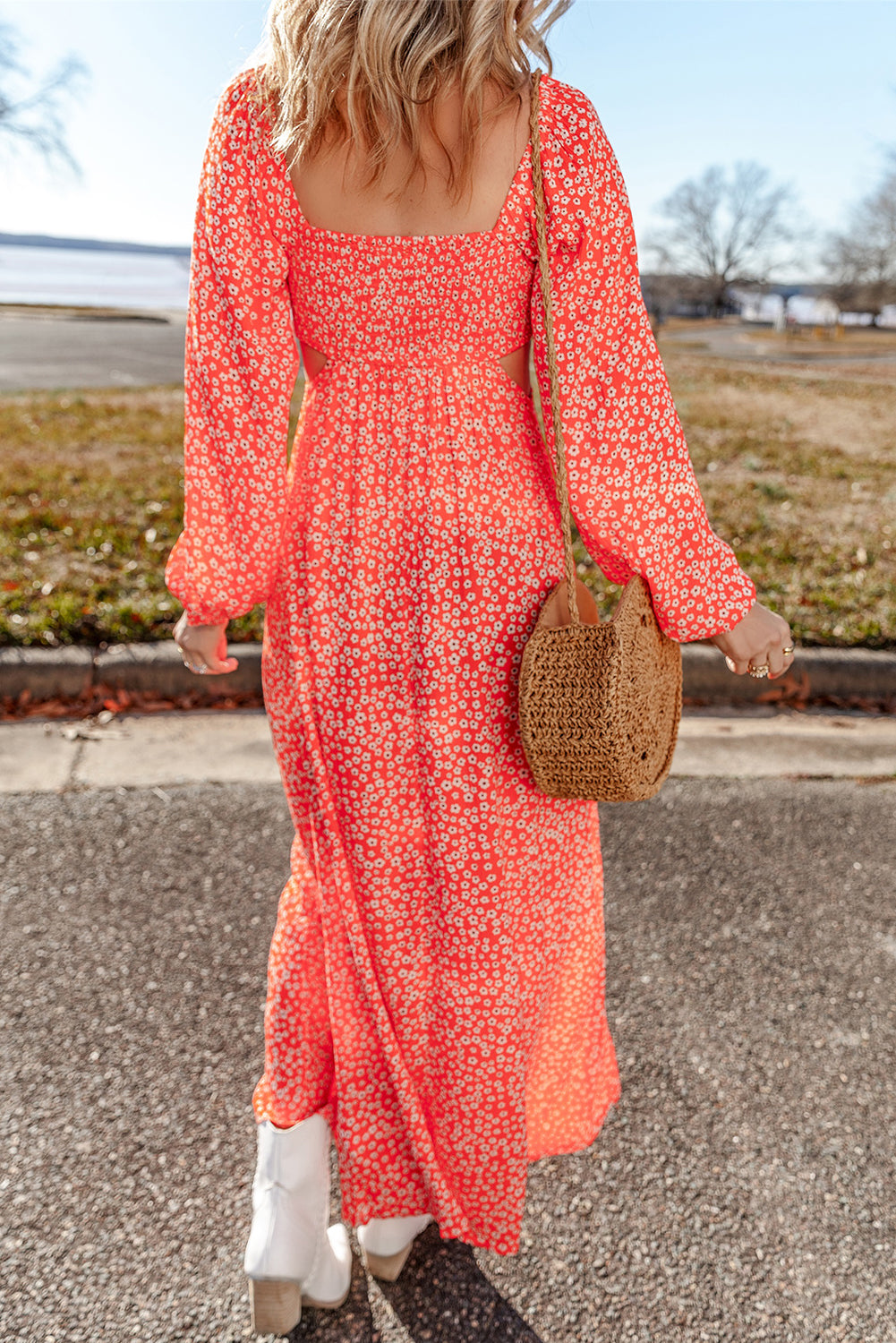 Red Floral Long Puff Sleeve V Neck Hollow Out Dress