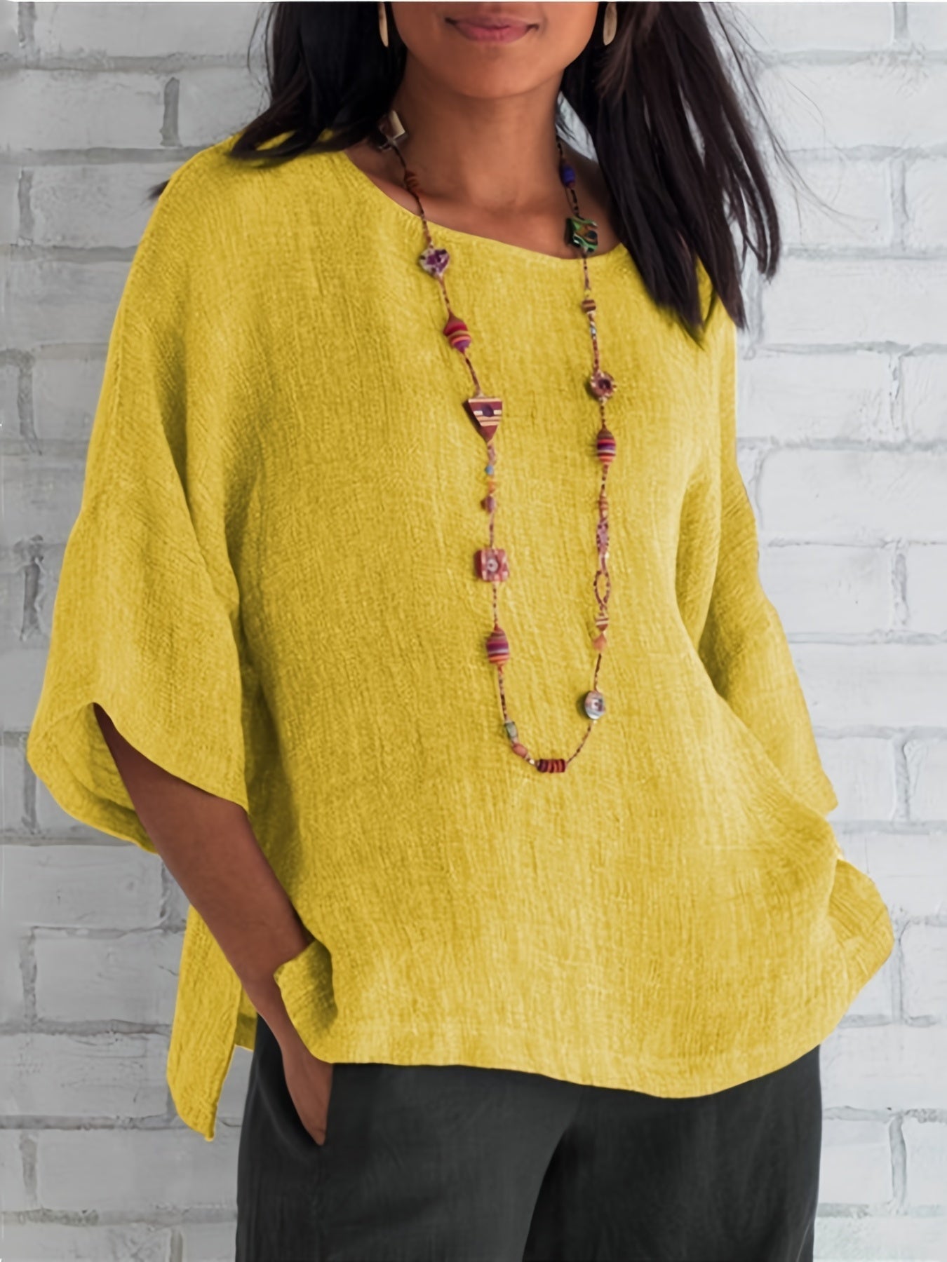 Crew Neck Loose Blouses, Casual Solid Color 3/4 Sleeve Summer Shirts Tops
