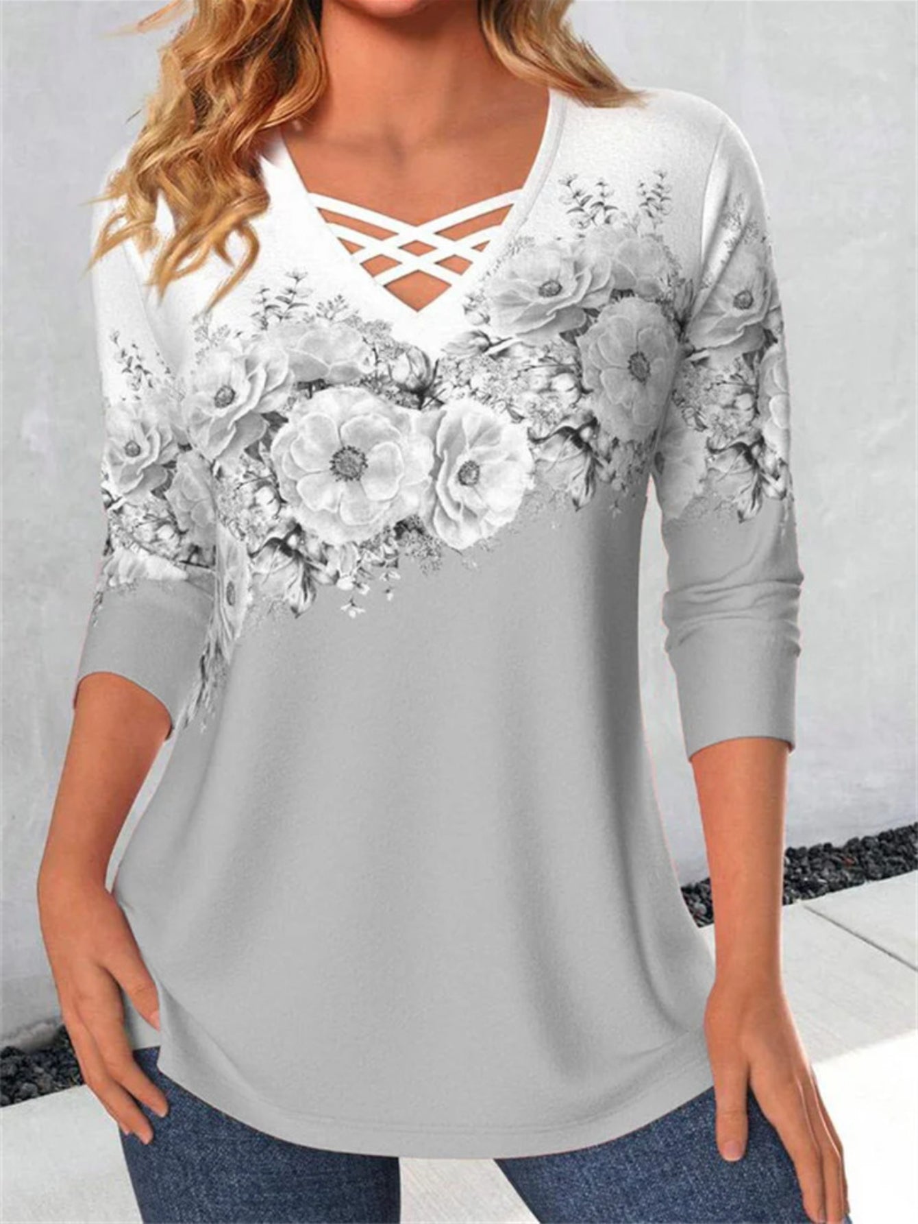 Floral Print Cross Front V Neck T-Shirt, Casual Long Sleeve Top