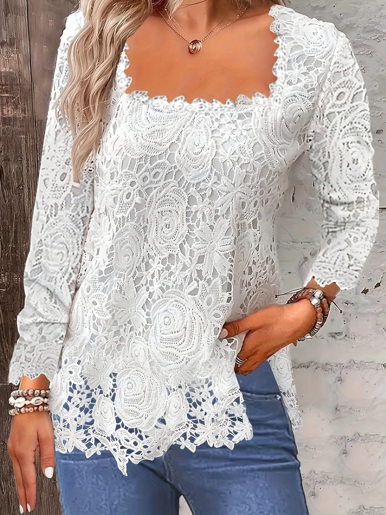 Solid Square Neck Lace T-Shirt, Casual Long Sleeve T-Shirt