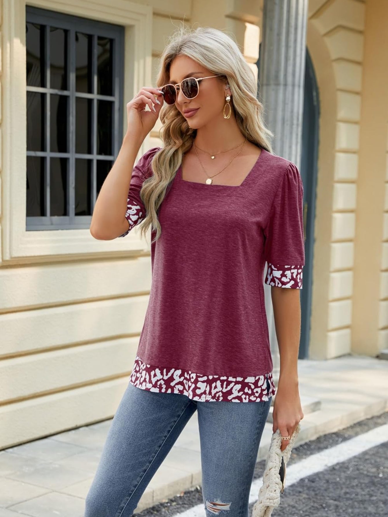 Square Neck Loose Fit Casual Half Sleeve T-Shirt