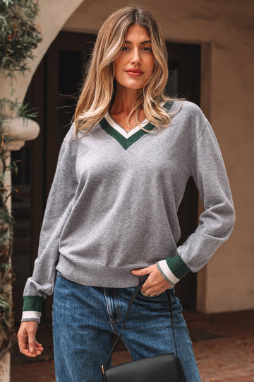 Gray Contrast Striped Trim V Neck Varsity Sweater