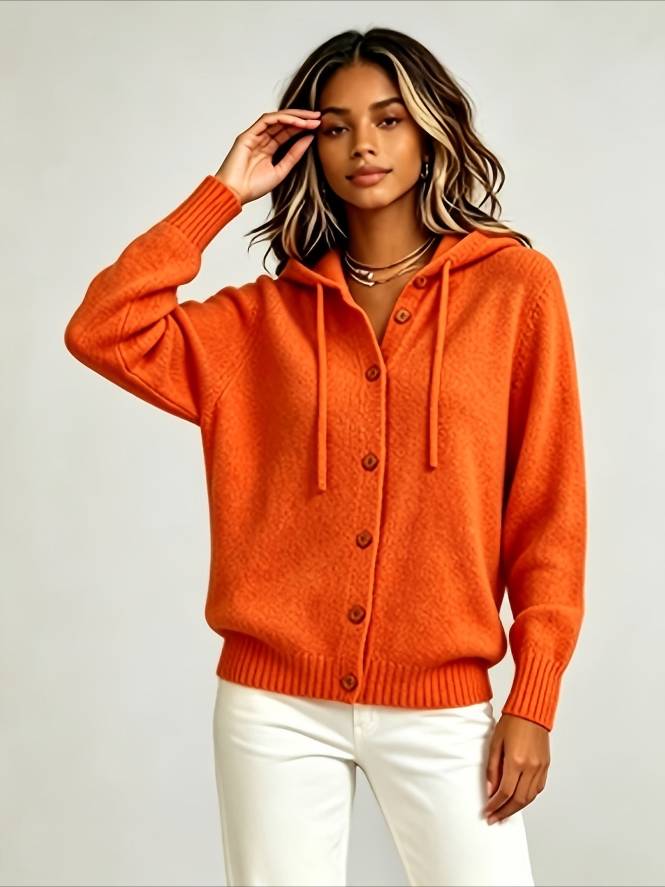 Solid Color Casual Hooded Cardigan Coat with Buttons
