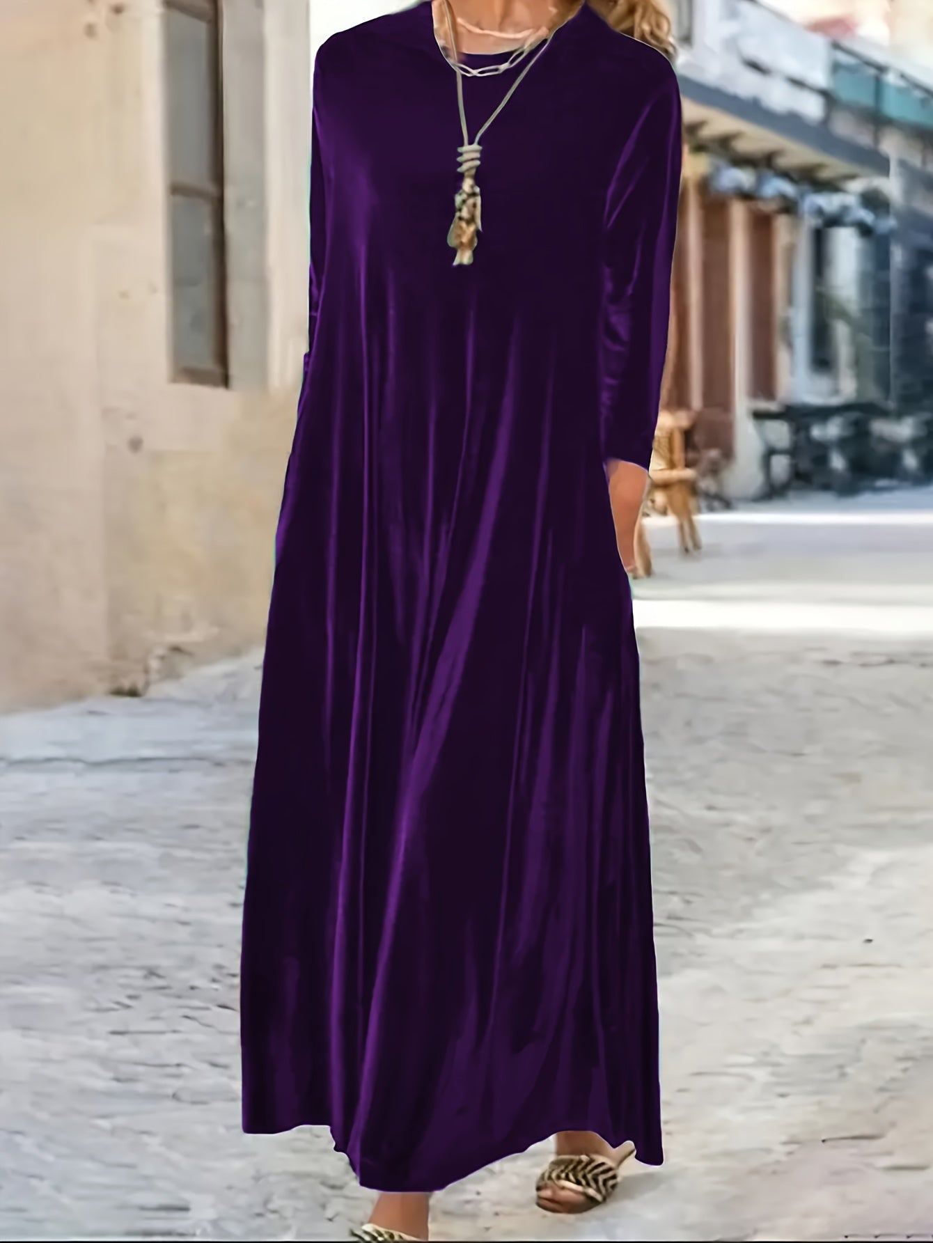 Long Sleeve Vintage Solid Crew Neck Maxi Dress