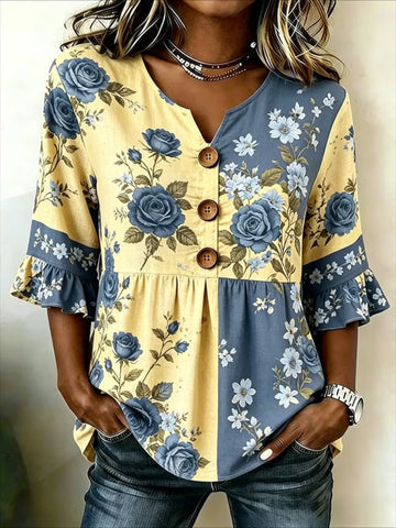 V Neck Button Short Ruffle Sleeve Casual Top