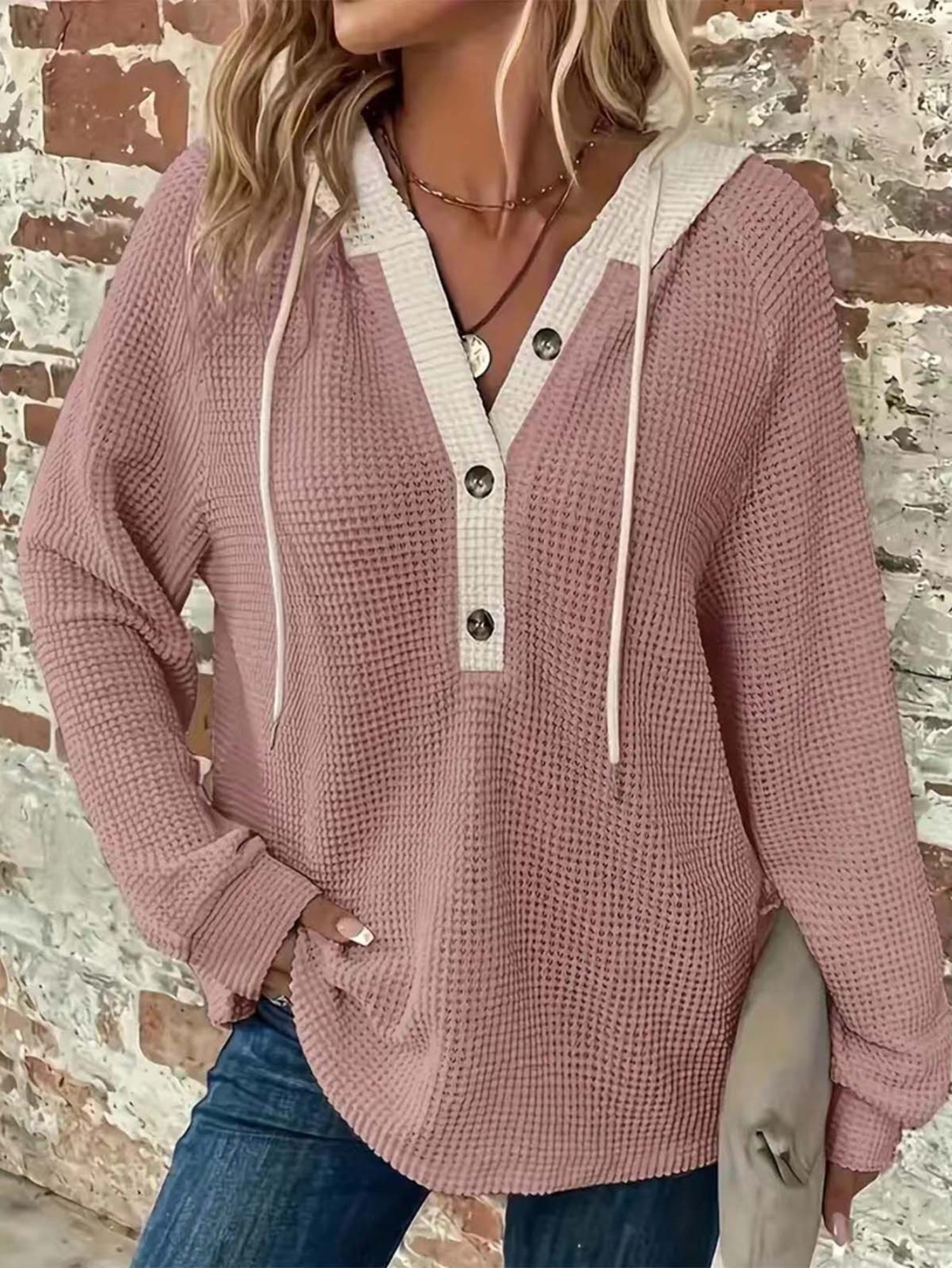 Casual Hoodie Sweatshirt | Women's Semi-Sheer, Solid Knit | Stretch Fit with Button Detail | Easy-Care
