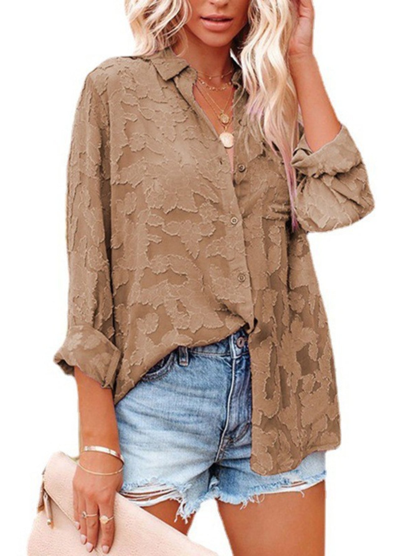 Jacquard Button Up Sheer Loose Blouse, Elegant Long Sleeve Blouse For Spring & Fall, Women's Clothing