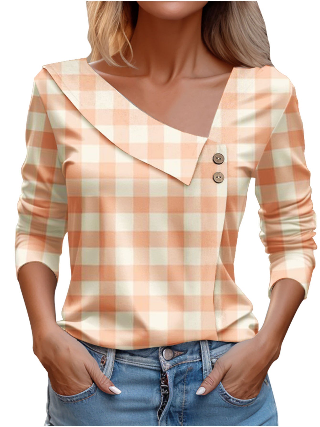 Chic Plaid Print Elegant Long Sleeve V-Neck T-Shirt