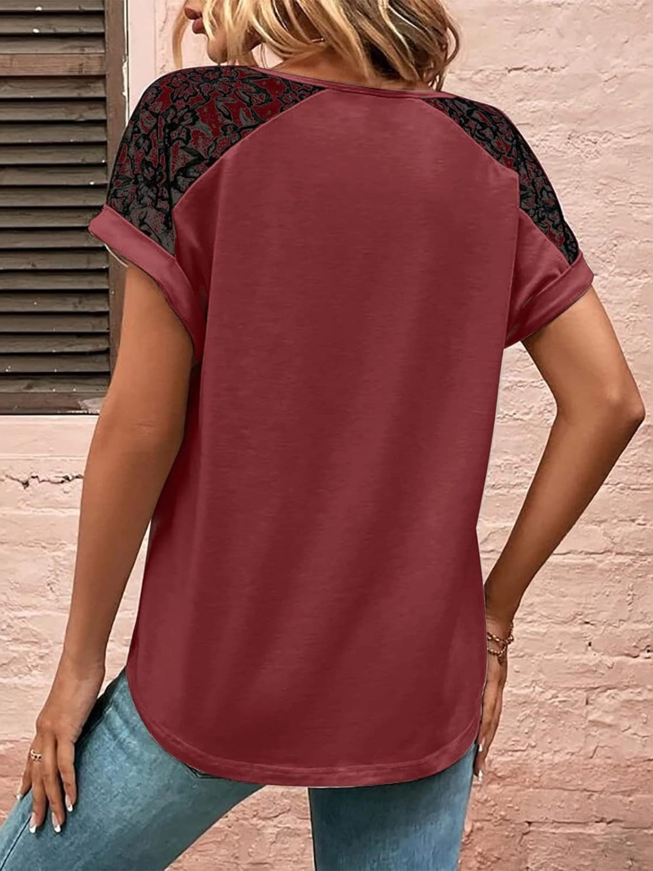 V Neck Lace Sleeve Button Design Loose Fit Soft Simple T-Shirt