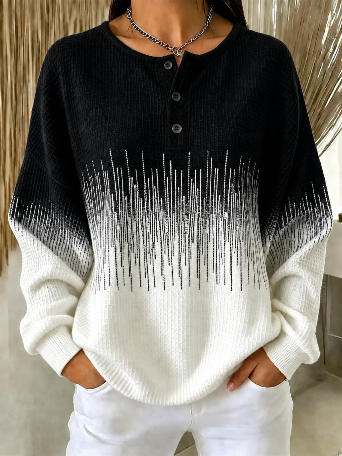 Abstract Henley Collar Casual Spring/Fall Long Sleeve Sweatshirt