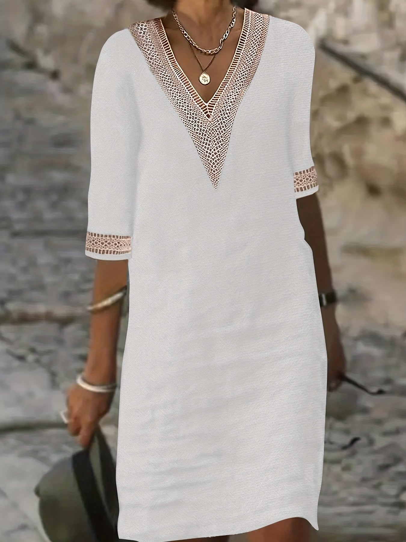 Guipure Lace V Neck Dress, Casual Short Sleeve Dress