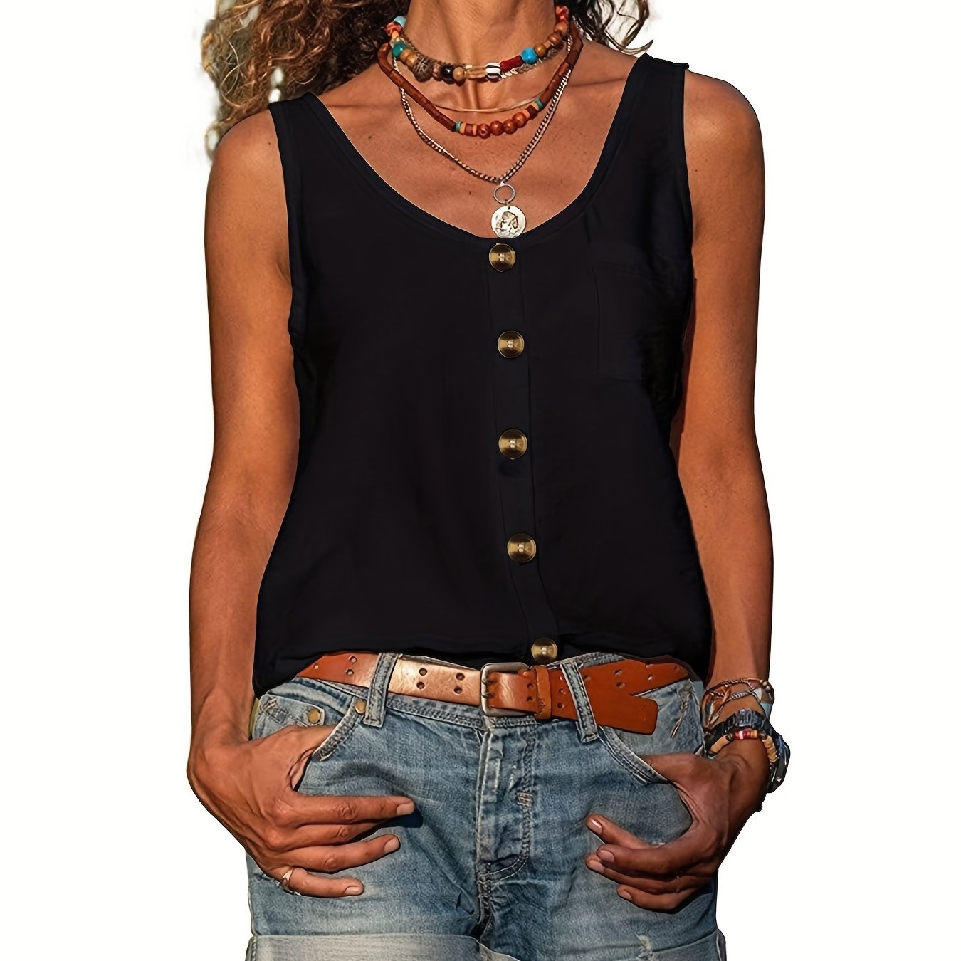 Button Front Scoop Neck Tank Top, Casual Summer Sleeveless Solid Tank Top