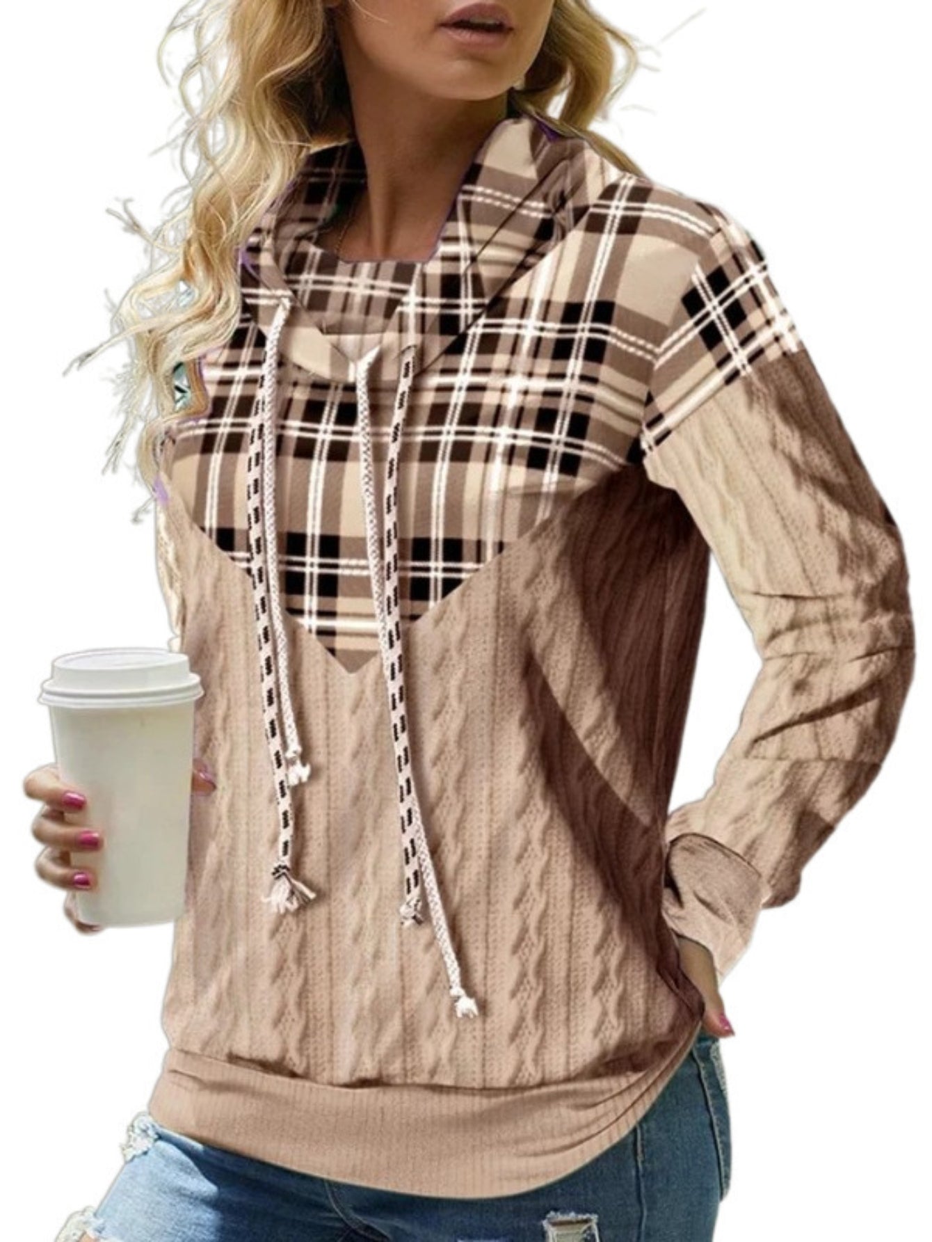 Plaid Print Paneled Drawstring Hoodie, Casual Long Sleeve Hooded Sweatshirt