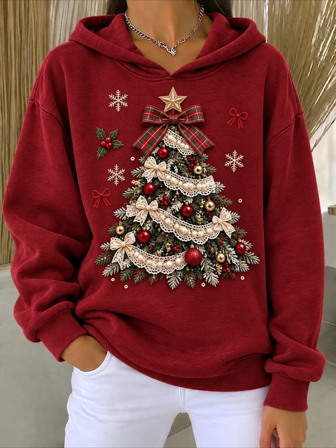 Christmas Tree Bow Print Fleece Hooded Sweater